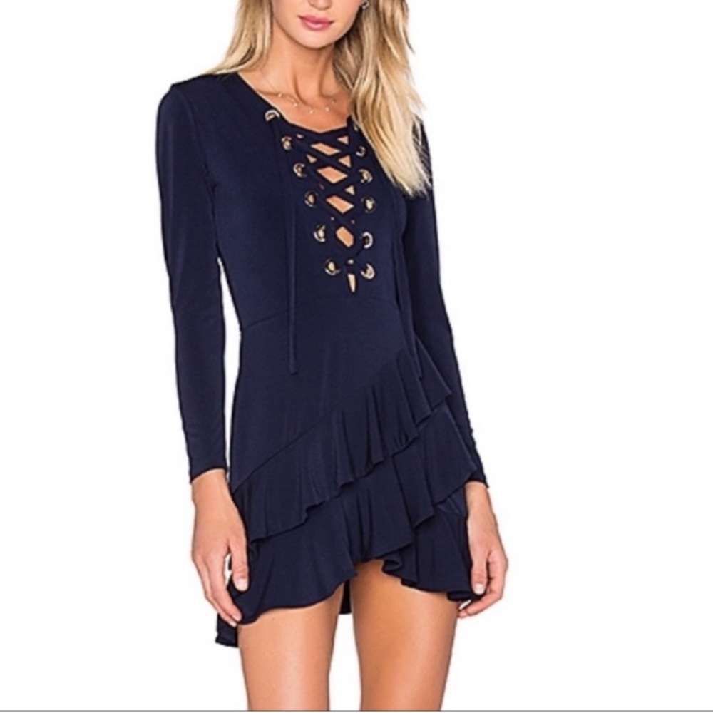 NBD Revolve NAOMI DRESS - Navy Blue, Lace-Up Front, Long Sleeve, Ruffle Hem